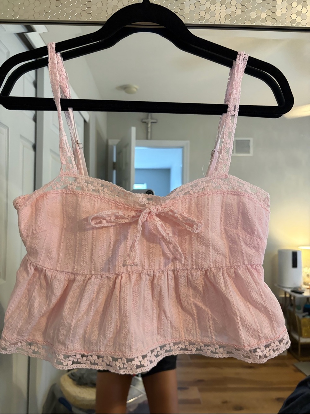 Altar'd State Light Pink Lace-Trim Peplum Camisole